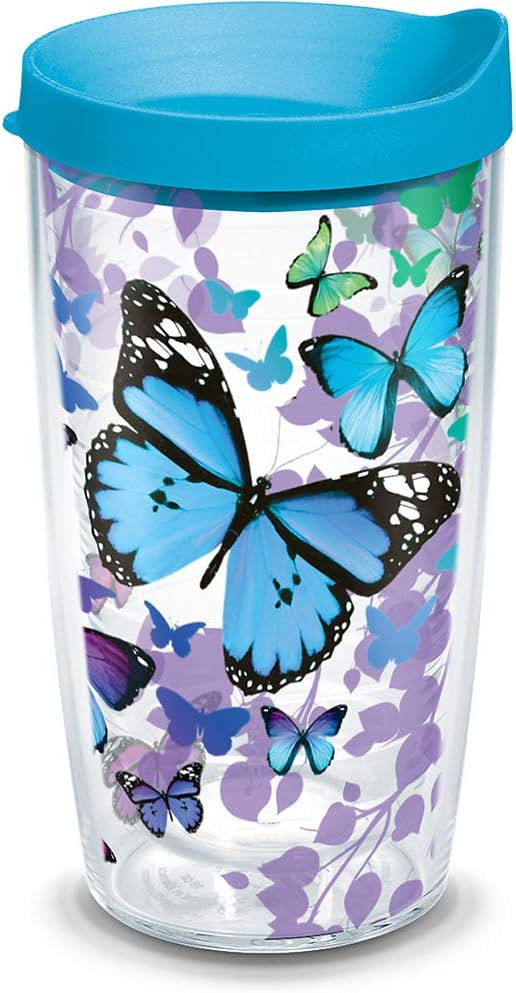 Tervis Blue Endless Butterfly Made in USA Double Walled Insulated Tumbler Travel Cup Keeps Drinks Cold & Hot, 16oz, Classic