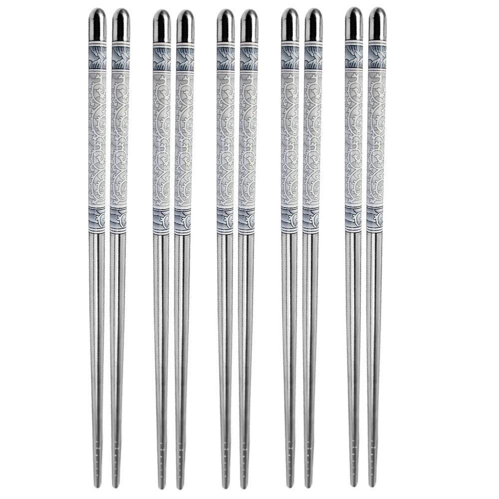 INKULTURE 5 Pairs Reusable Metal Stainless Steel Chopsticks Dishwasher Safe Lightweight Easy to Use Metal Chop Stick Utensils