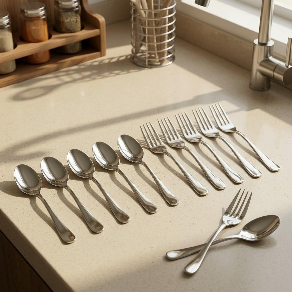 Frenchware Set of 12 Stainless Steel 6 Dinner Fork, 6 Spoons Sets, Silver