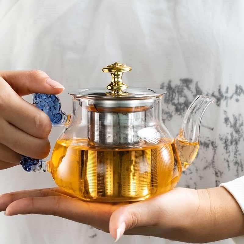 Glass Tea Pot with Stainless Steel Infuser Large Capacity Transparent Tea Kettle with Lid & Handle Great for Loose Leaf Tea, Blooming Tea, Tea Bags & Fruit Infused (450ml Tea Pot)