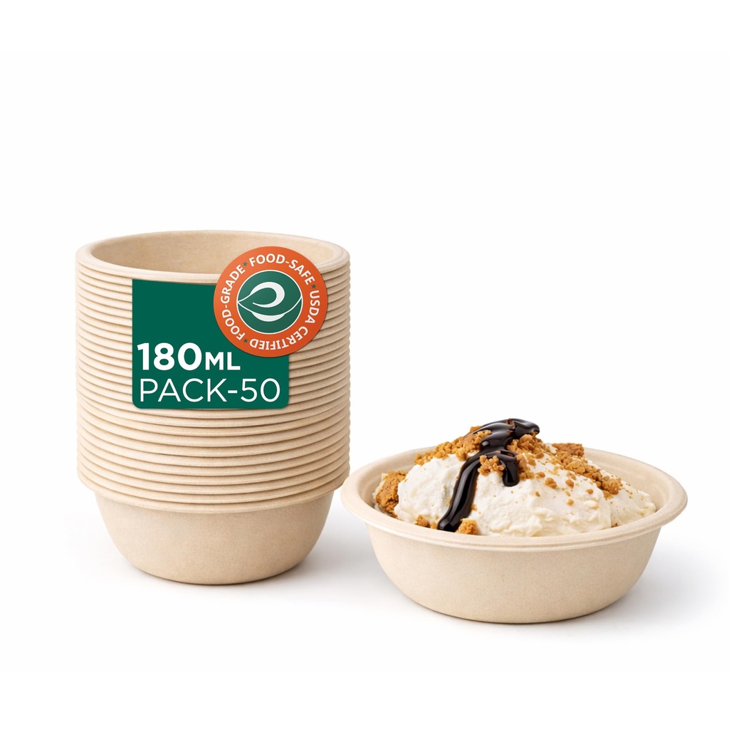 ECO SOUL Bagasse Disposable Paper Bowls[180ml], Pack of 50,Round