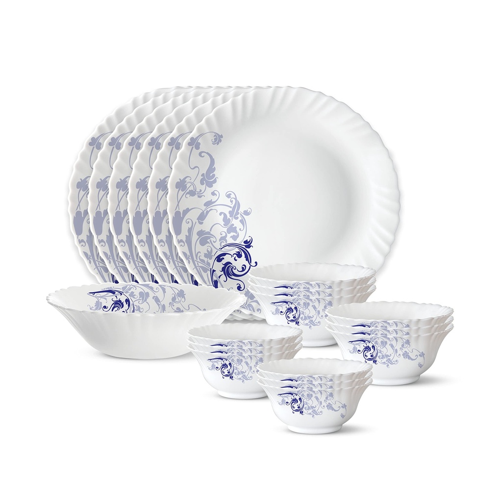 Larah by Borosil 19 Pieces Blue Eve Opalware Dinner Set for Family of 6