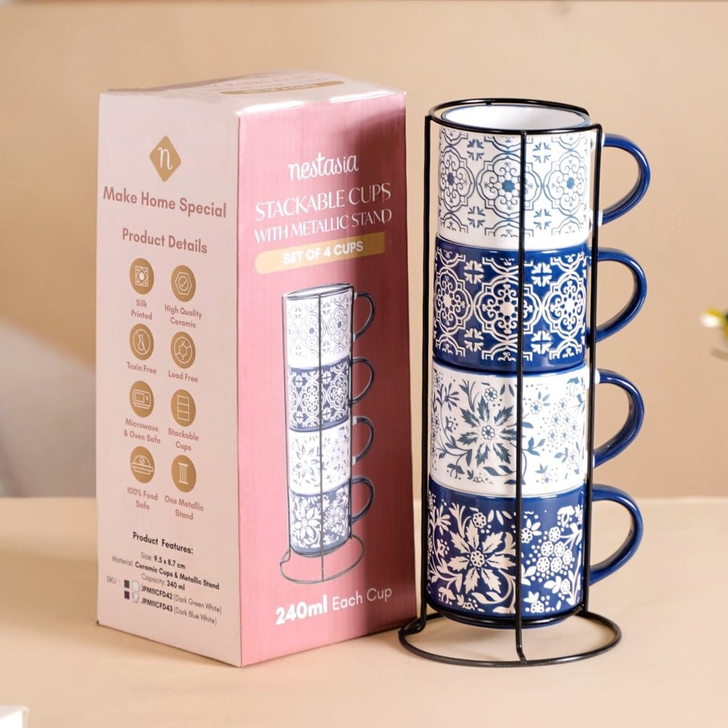 Nestasia Stackable Ceramic Cups Set of 4 (240 ml Each) | Printed Tea & Coffee Mugs with Glossy Finish - Microwave & Dishwasher Safe | Ideal for Daily Use & Gifting (Floral Blue)