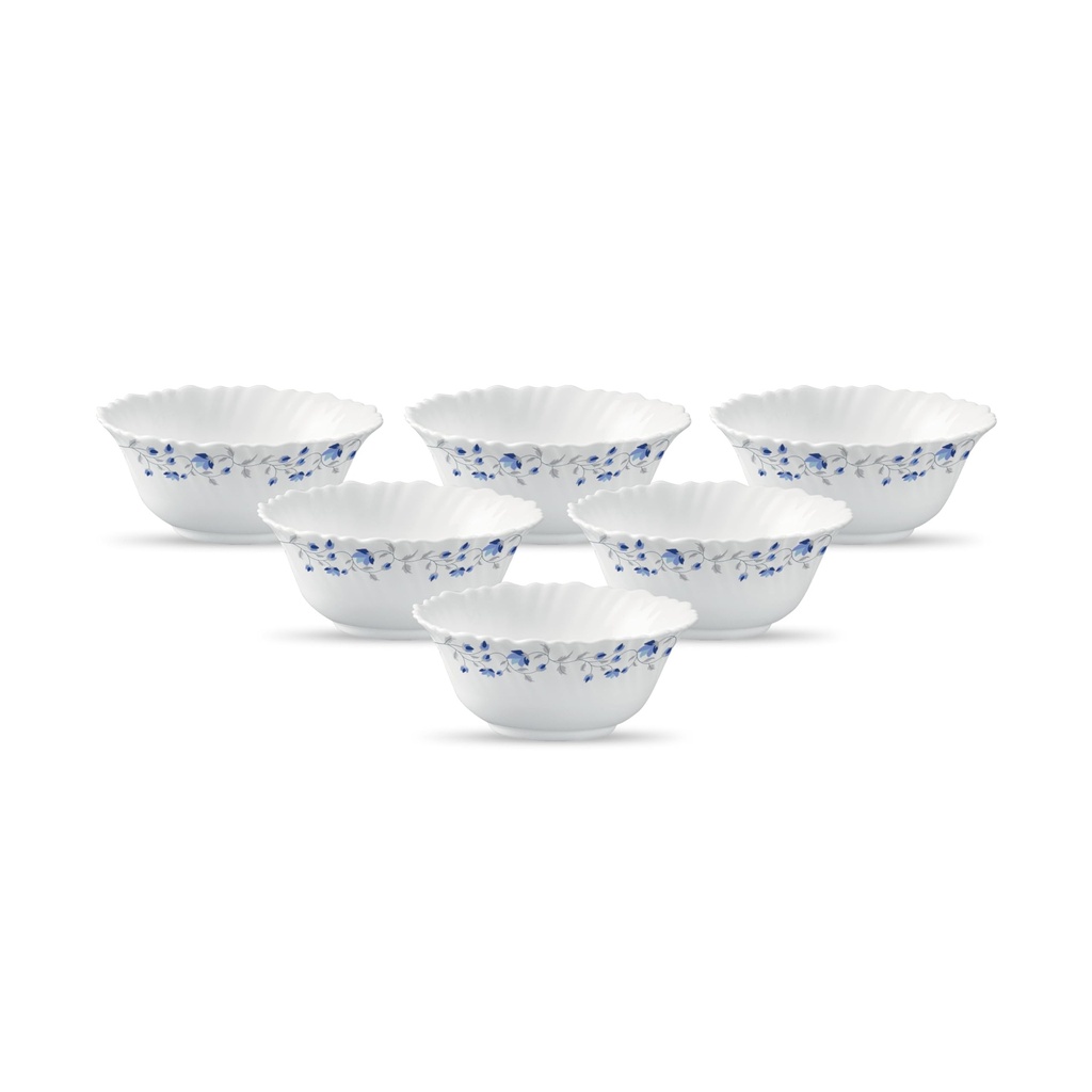 La Opala Diva Classique Collection Opal Glass Crockery | Vegetable Bowl Set of 6 | Blue Mystique Design | for dal & Condiments | Microwave Safe | 100% Vegetarian | Extra Strong | Light & White