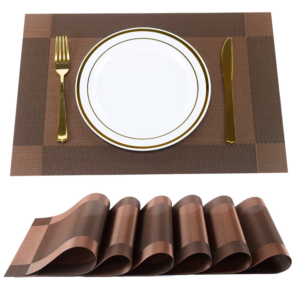 P-Plus International Placemats Place Mats for Kitchen Dining Table, Heat-Resistant StainAnti-Skid Washable PVC Table Mats,Vinyl Dinner Mats (Brown, 6 Pack)