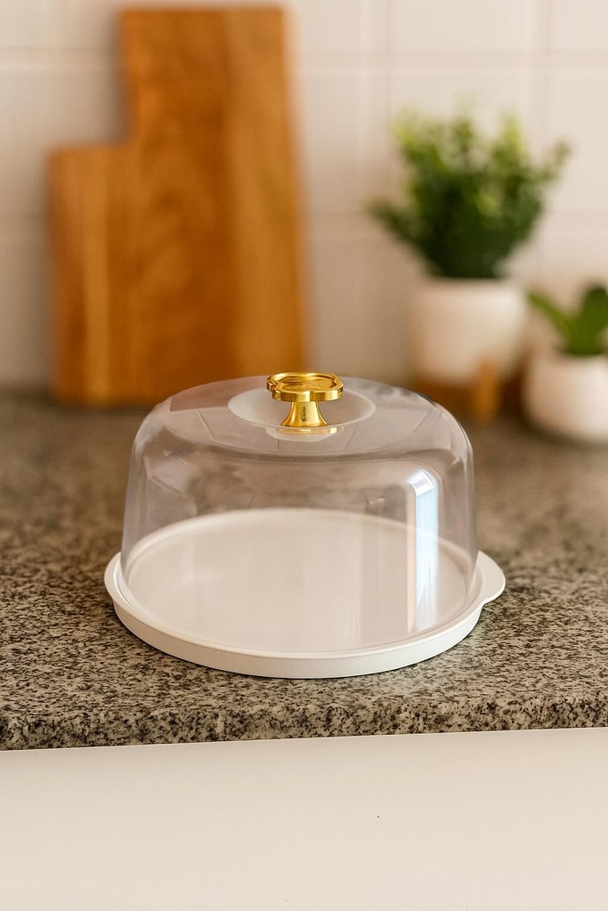 6x4 inch Round Cake Stand with Lid and Spatula, Clear Dome Display Cover for Fresh Presentations, Lightweight Reusable Plastic for Easy Transport, Gold-Accented Handle, Multicolour