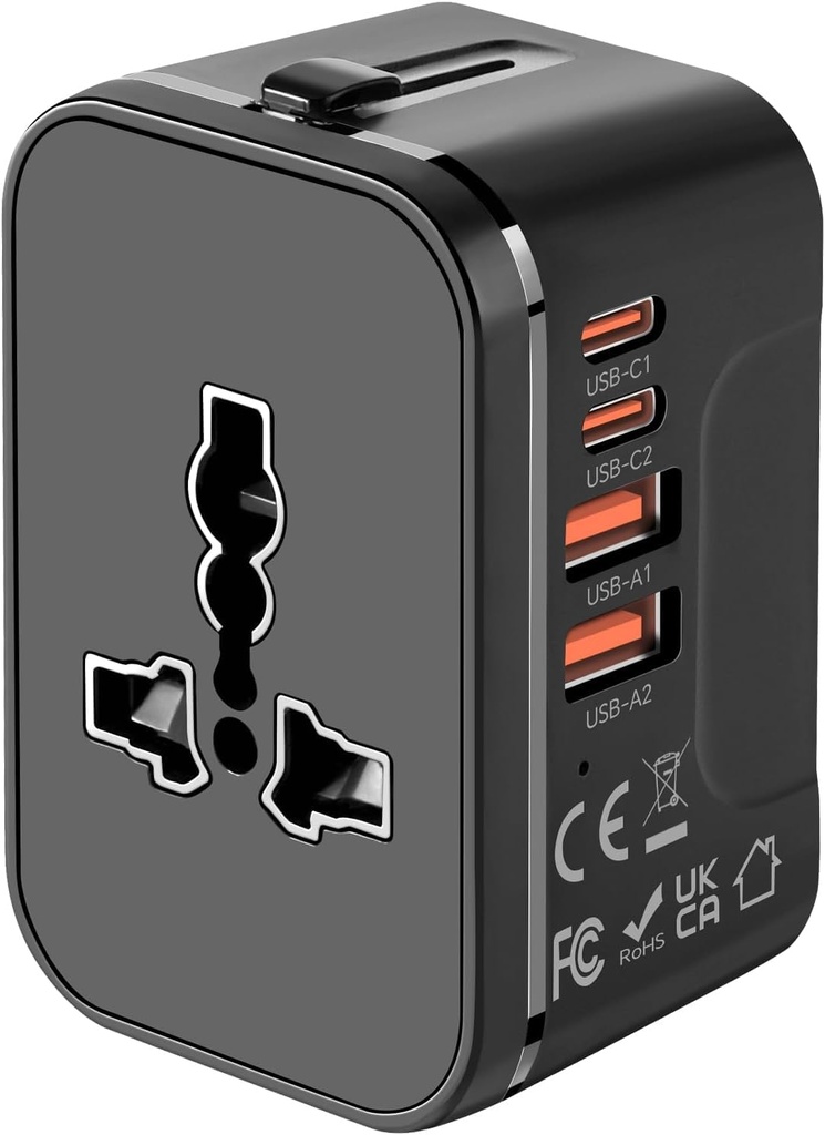 rts PD20W (2 Type C 2 USB) Travel Essentials Universal Travel Adapter with 1920W Heavy Duty Power Built in Dual USB & Type C Fast Charger Ports Plug International All in One Portable Travel Adapter