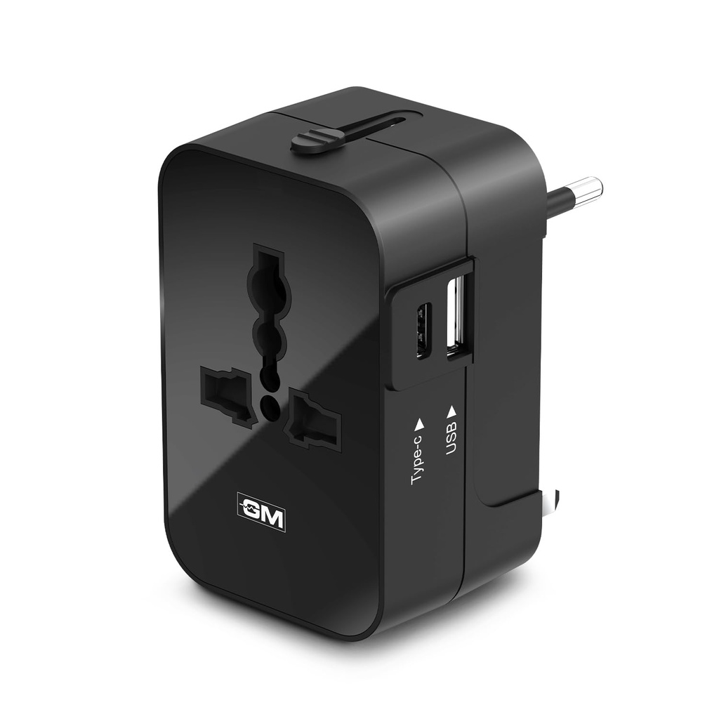 GM 3064 Universal Travel Adapter with 240V Power Output, USB Type C (3.1A) & Type A (2.1A) Ports, LED Indicator - International Charger for 150+ Countries (US, UK, EU, AUS) - Black