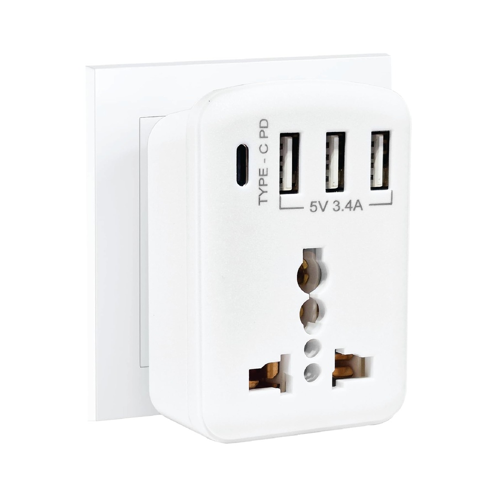 MX 5-in-1 MultiPort Adapter with Cordless Extension Board | Universal AC Socket, 1 x Type C, 3 x USBs, 2500W Output, 15W USB C & 3.4A USB-A PD Charging Output, Ideal for Tight Spaces, Travel Adapter