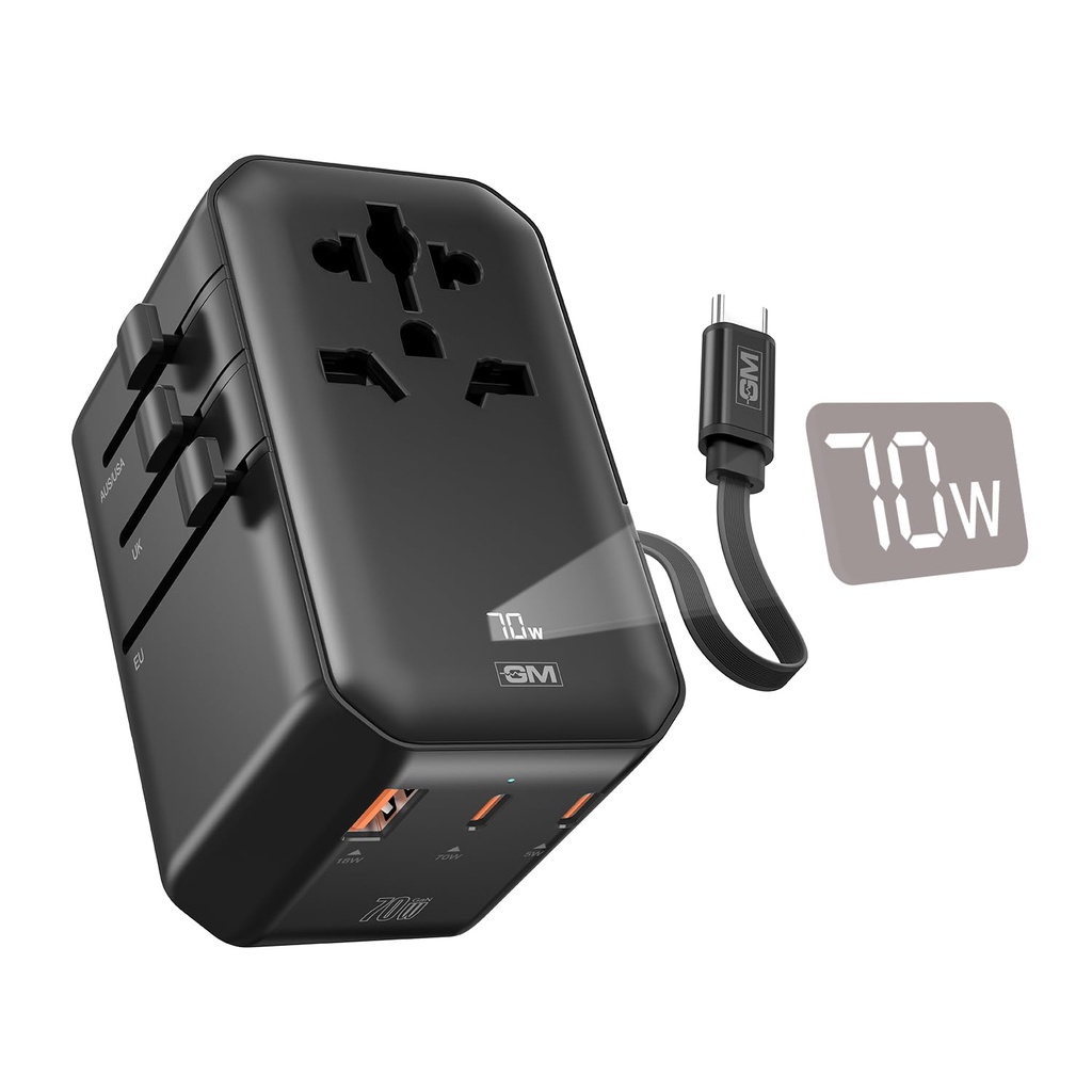 GM G+ 70W TravelEase Pro with Display | Travel Adapter US, UK, EU, AU, 150+ Countries | Multi-Port | Dynamic Wattage Display, Laptop, iPhone, Samsung, DSLR, 75cm Retractable-C Cable (Glossy Black)