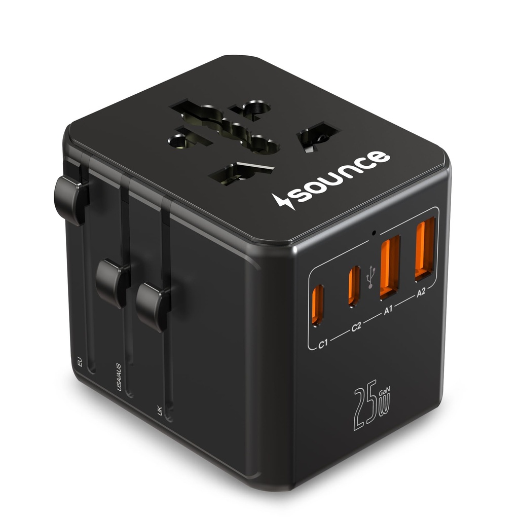 Sounce OmniCharge 25W Universal Travel Adapter, 4-in-1 International Multi Plug Charger for 150+ Countries, 2 USB-C & 1 USB-A Ports, Fast Charging, US/UK/EU/AU Compatible (Black)