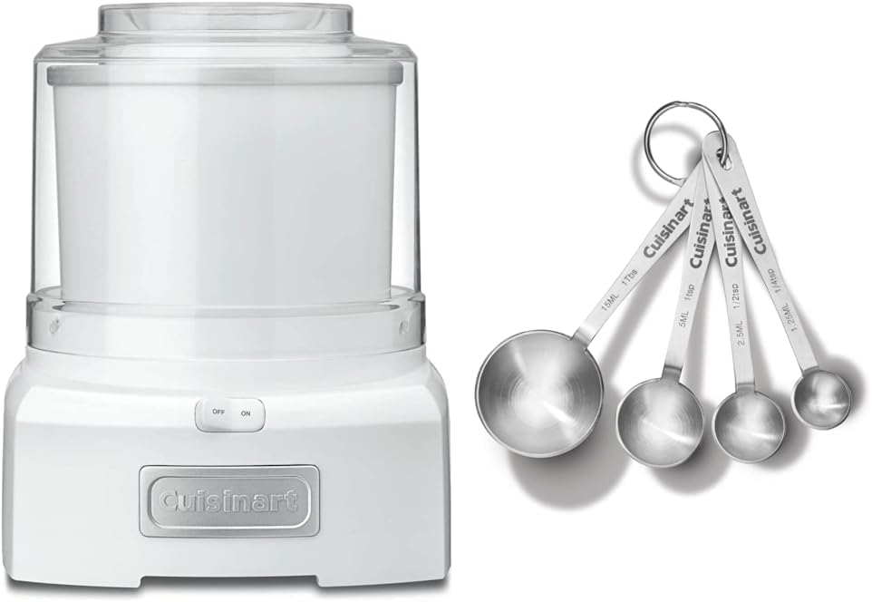Cuisinart Ice Cream Maker Machine, 1.5 Quart Sorbet, Frozen Yogurt Maker, Double Insulated, White, ICE-21P1 & CTG-00-SMP Stainless Steel Measuring Spoons, Set of 4,Silver