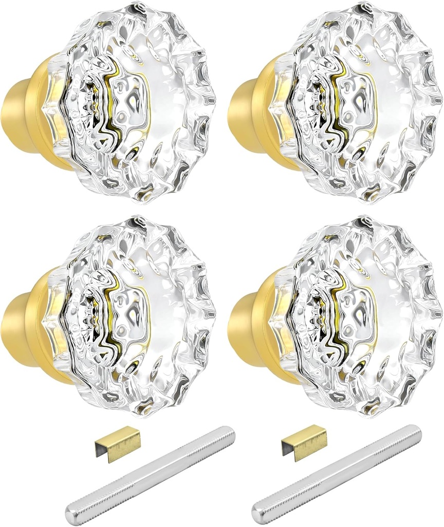 2 Pack Glass Door Knobs Interior Mortise Lock Replacement Set with Spindle, Vintage Gold Crystal Door Knobs for Replacing Broken Old Antique Lock Sets on Interior Door, Brushed Gold Finish