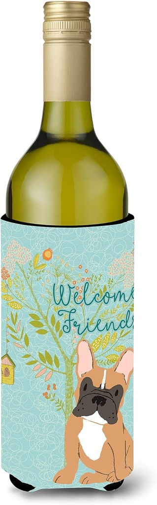 Caroline's Treasures BB7633LITERK Welcome Friends Fawn French Bulldog Wine Bottle Hugger Bottle Cooler Sleeve Hugger Machine Washable Collapsible Insulator Beverage Insulated Holder