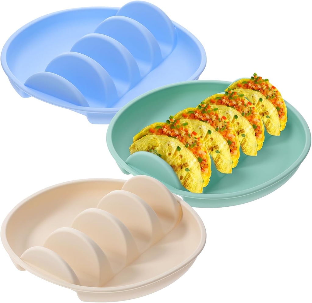 3PCS Silicone Taco Holder Plates, 10.43" Colorful Non-Slip Taco Stand Rack Serving Tray with Dividers for Soft Hard Tacos Baking, Dishwasher Microwave Oven Safe