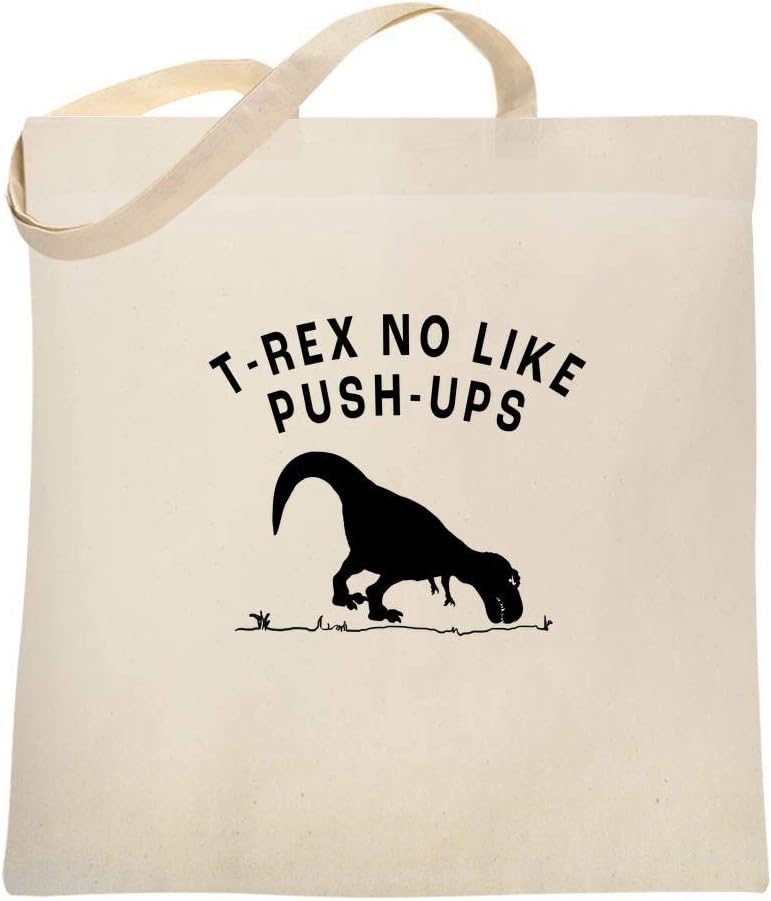 Pop Threads T-Rex No Like Push-ups Funny Dinosaur Workout Natural 15x15 inches Large Canvas Tote Bag