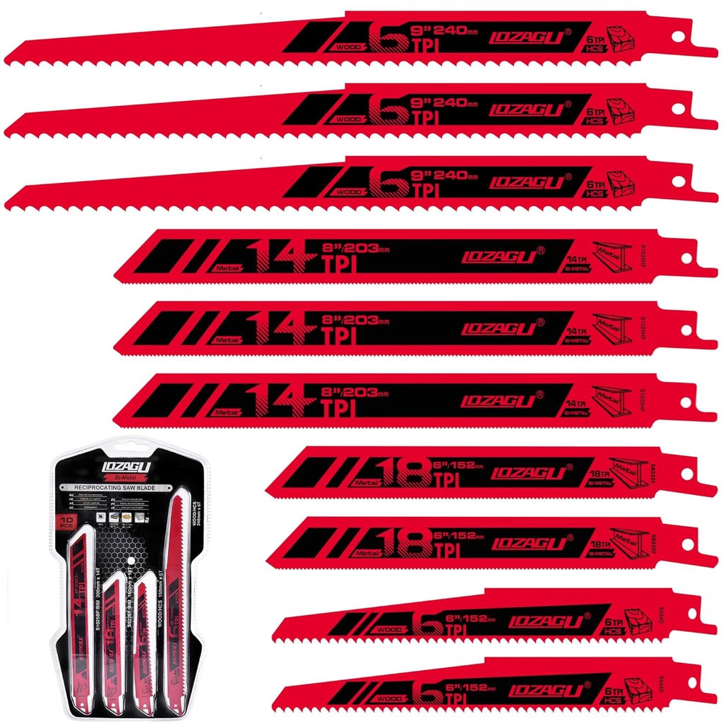 10-Piece Reciprocating Saw Blades Set, 6 to 9 Inch Metal/Woodcutting Saw Blades, Pruner Saw Blades