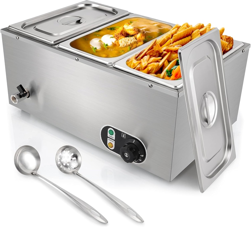 3-Pan Commercial Food Warmer – 1500W Electric Stainless Steel Food Warmer, 6.9 QT Steam Table Pan with 86-185°F Temp Control for Catering, Restaurants, Buffets (21 QT Total Capacity)