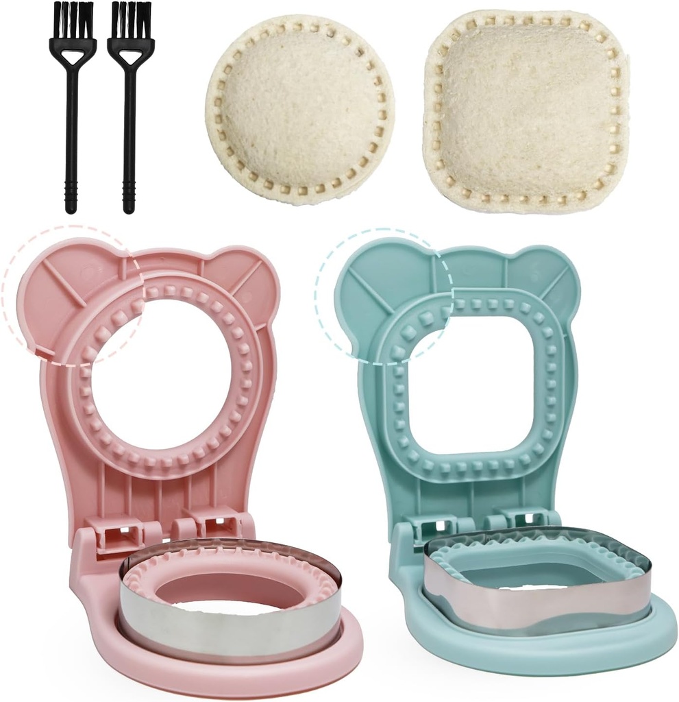 2Pcs Sandwich Cutter and Sealer,Round&Square Uncrustable Sandwich Maker with Seal Edge,Crustless Sandwich Cutter with Brush,Sandwich Sealer for DIY Breakfast Lunch Picnic(Blue S+Pink R)