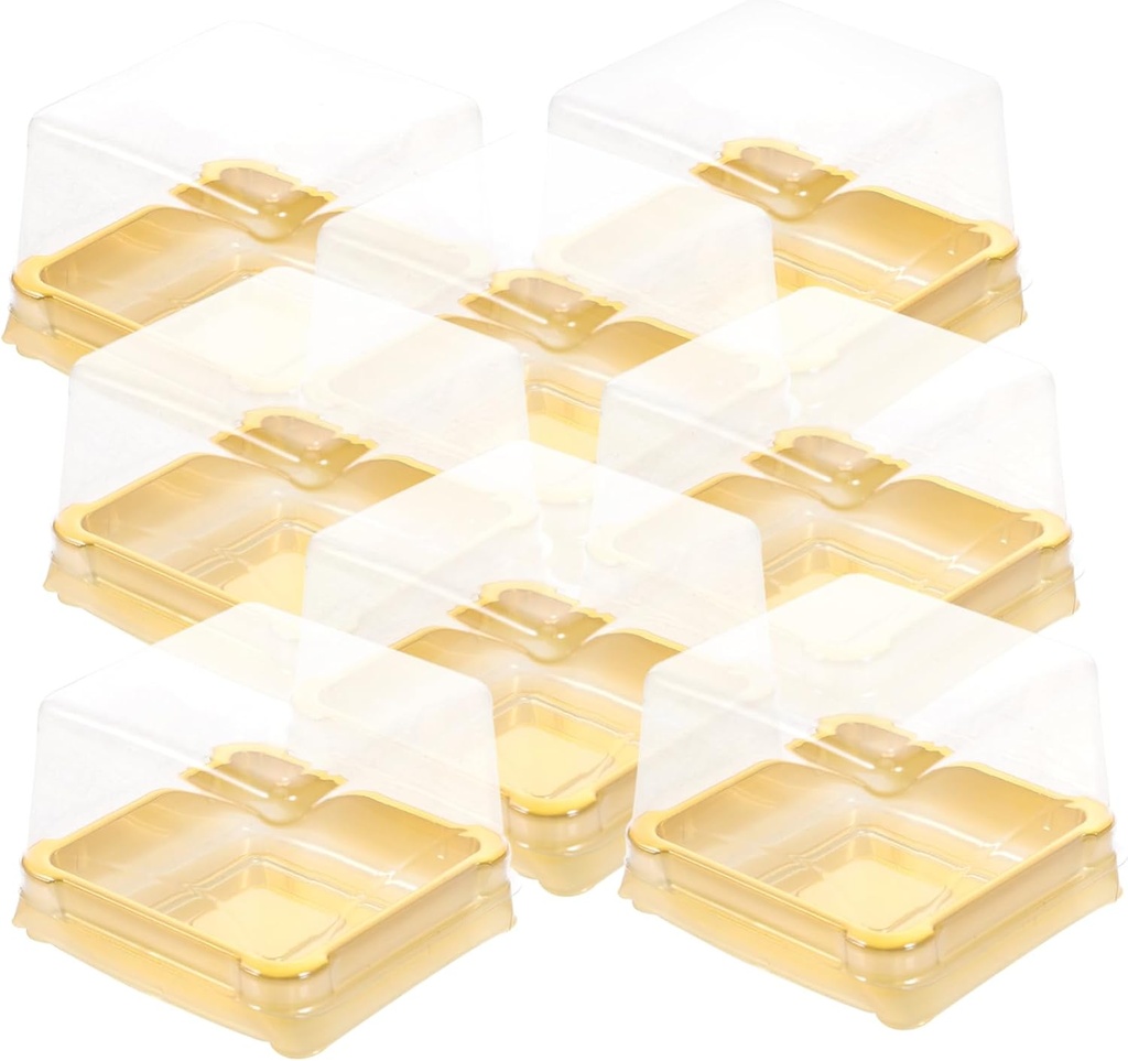 Cabilock 50pcs Small Plastic Square Cake Boxes with Dome Lids Food-grade Packing Container for Desserts Pastries and Cupcakes Eco-friendly Golden Design
