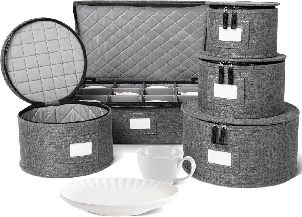storageLAB China Storage Containers, Hard Shell Case with Felt Dividers for Charger Plates, and Dishes, Ideal for Kitchen Organization, Moving Supplies, and Fine China Storage - 5-Piece Set, Gray