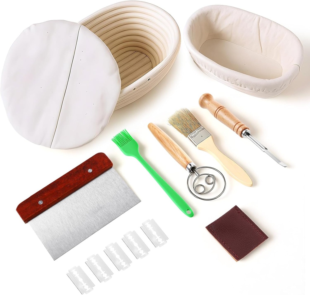 Sourdough Bread Proofing Basket Set, 10" Oval and 9.7" Round Breads Baking Supplies Round Bread Proofing Baskets Kit Tools with Breads Lame Dough Whisk Bowl Scraper Sourdough Scraper