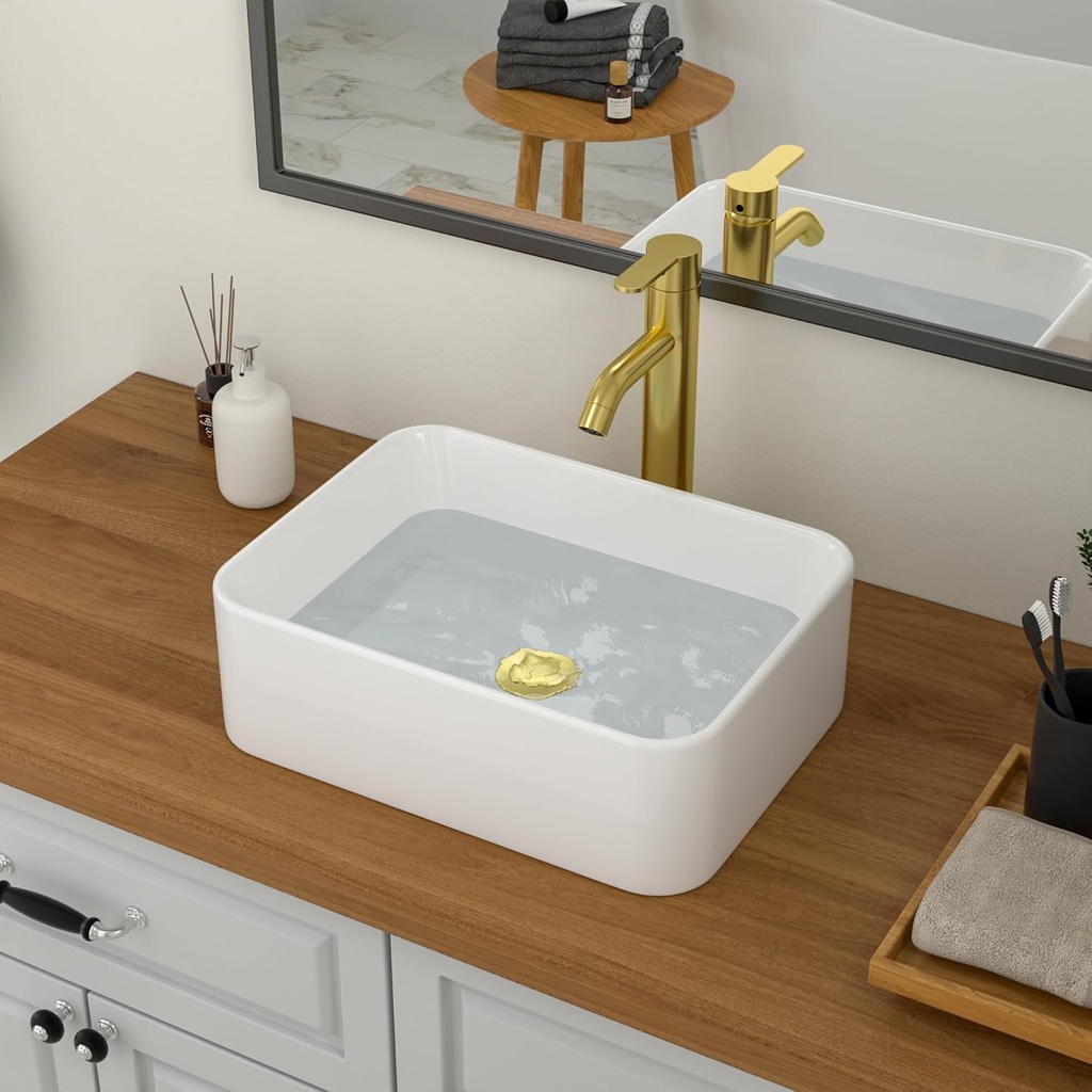 Logmey 16 Inch Drop in Bathroom Vessel Sink 16"x12" Rectangular White Porcelain Ceramic Sink Modern Above Counter Countertop Bathroom Vanity Sinks Art Basin