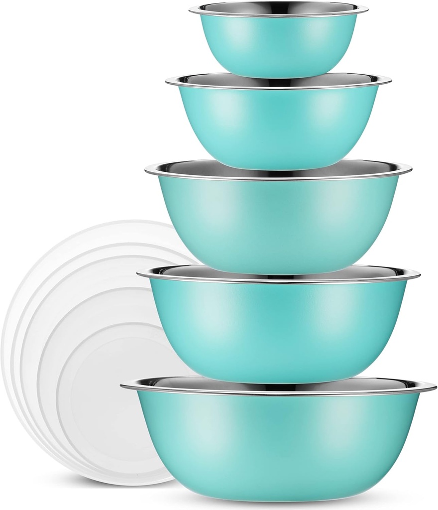 WHYSKO Stainless Steel Mixing Bowls With Lids Set, 5 Sizes Nesting Mixing Bowls for Your Kitchen Meal Prep, Cooking, Baking, and Food Storage (Blue Bowls with White Lids)