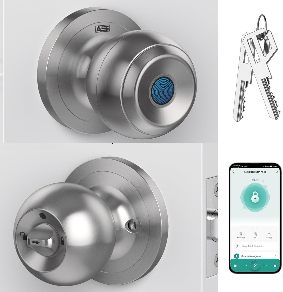 AST Fingerprint Door Knob with Autolock, Passage and Privacy Functions, Rechargeable Keyless Smart Door Knob Lock, Digital Biometric Door Knob with APP (Brushed Stainless Steel)