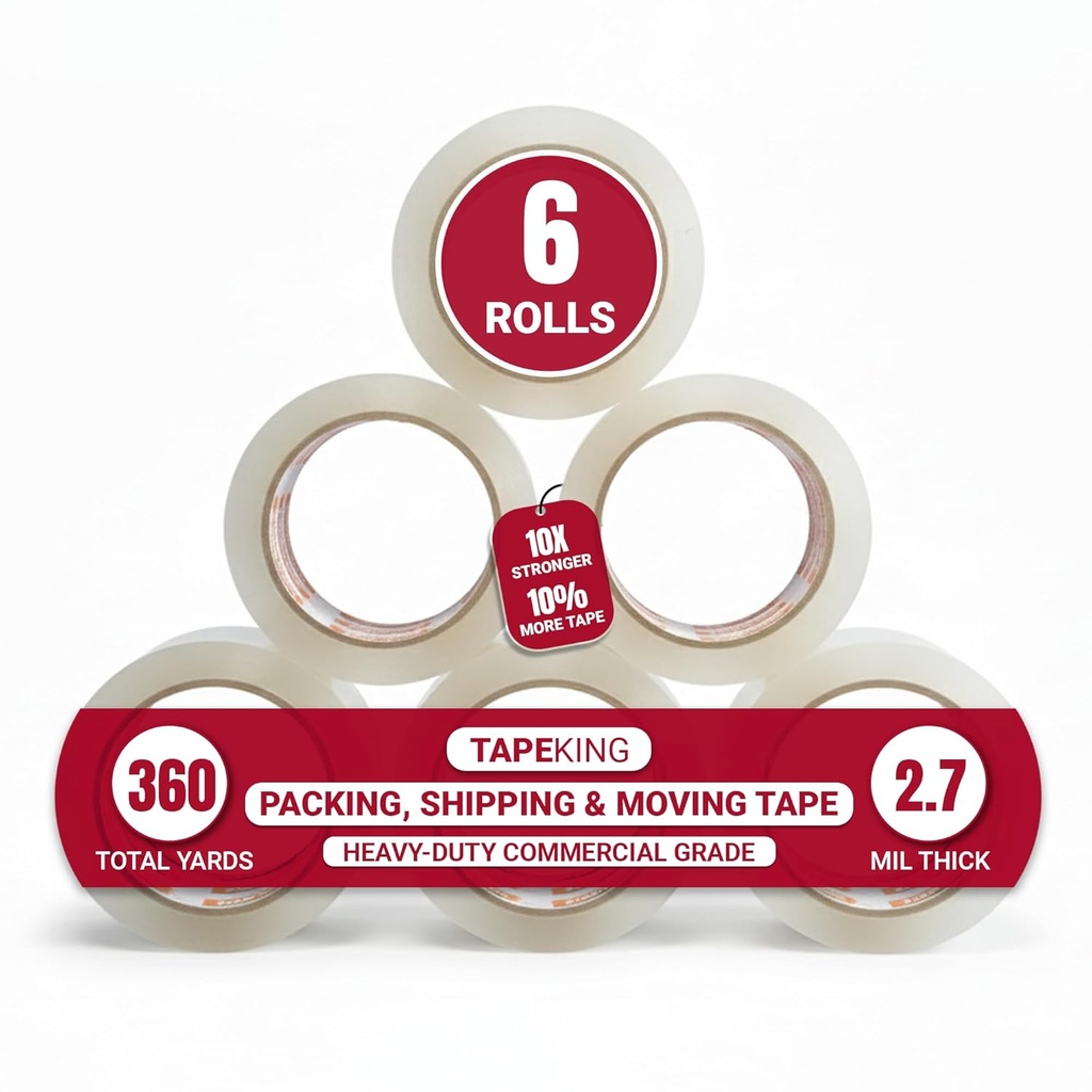Tape King Clear Packing Tape - 60 Yards Per Roll (Pack of 6 Rolls) - Stronger & Thicker 2.7mil, Heavy Duty Adhesive Industrial Depot Tapes for Moving Packaging Shipping, Office & Storage