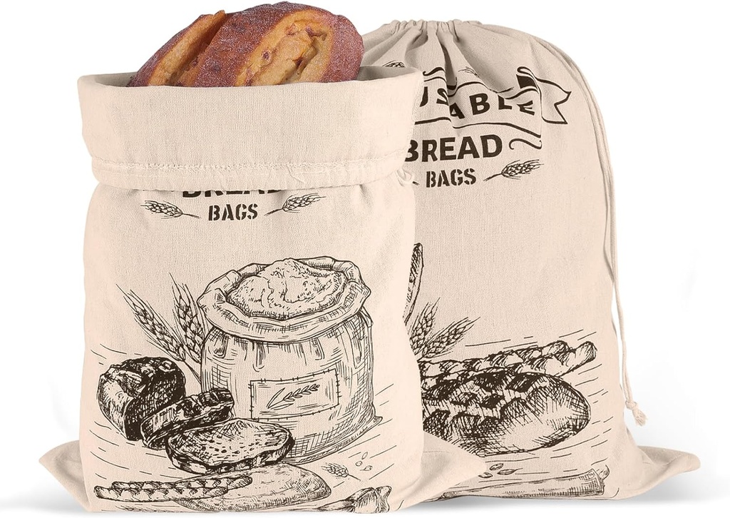 2pcs Reusable Bread Bags, 13.78x17.72in Large Washable Linen Cotton Cloth Homemade Bread Storage Bags with Ties Toast Loaf Sourdough Storage Secure Freshness