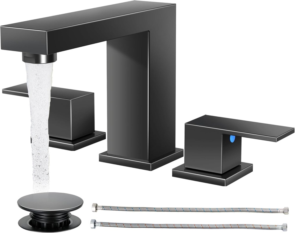 Cobbe Bathroom Faucets for Sink 3 Hole, Matte Black Bathroom Sink Faucet Square 8 inch Widespread with Pop-Up Drain, 2 Handle and 2 Supply Hoses, Lead-Free Stainless Steel for Vanity, Rv, Farmhouse