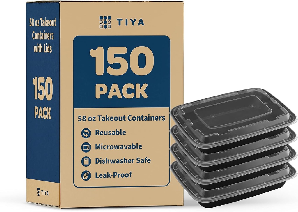 TIYA Food Containers - 58 oz Bulk 150 Pack with Lids - Rectangular Plastic To-Go Containers - Reusable, Microwavable, Dishwasher Safe - Leak-Proof for Meal Prep - BPA-Free