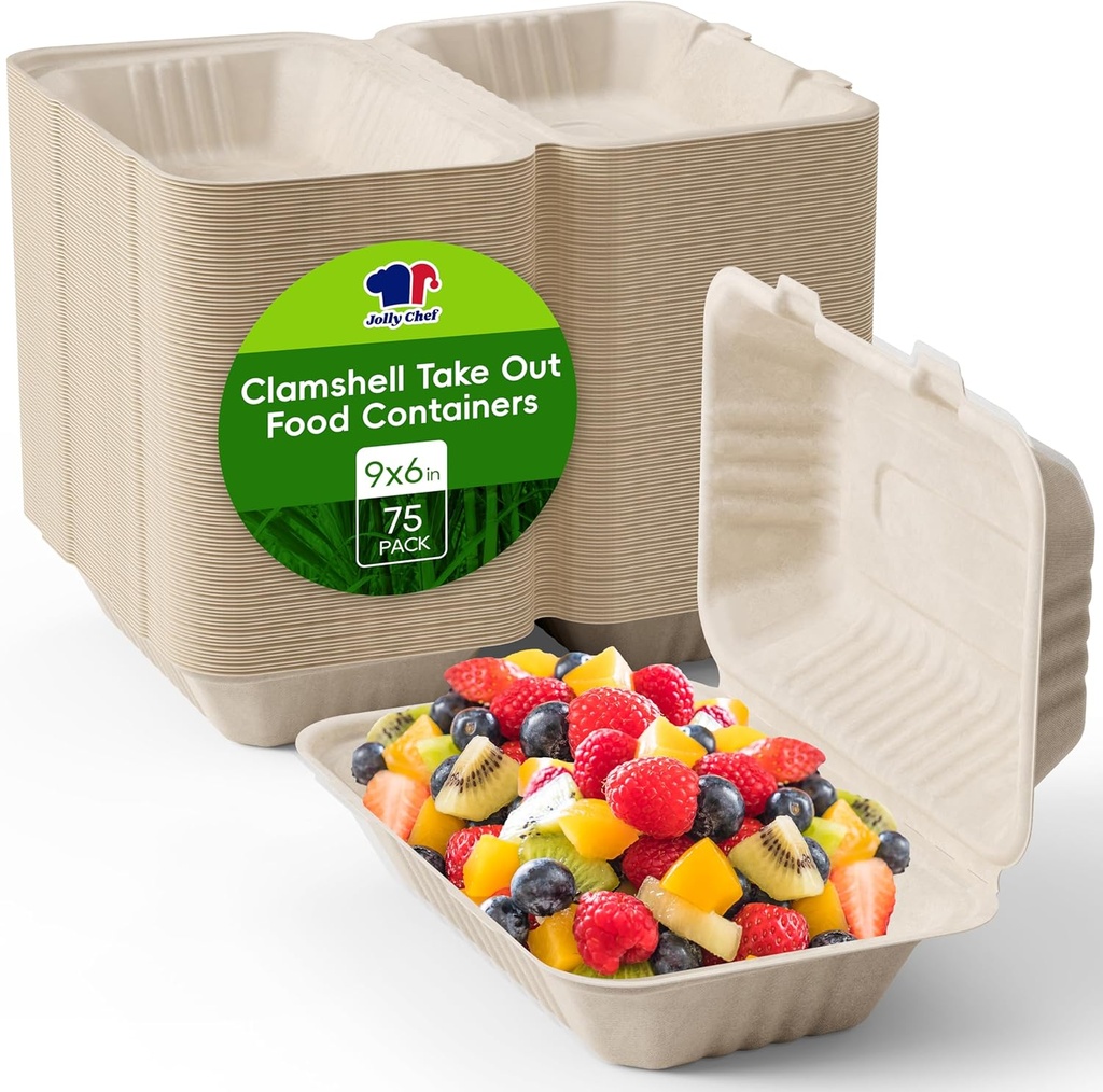 JOLLY CHEF Clamshell Take Out Food Containers, [75-Pack 9 * 6" ] To Go Containers Disposable, 100% Compostable Sugarcane To Go Boxes for Salad,Lunch