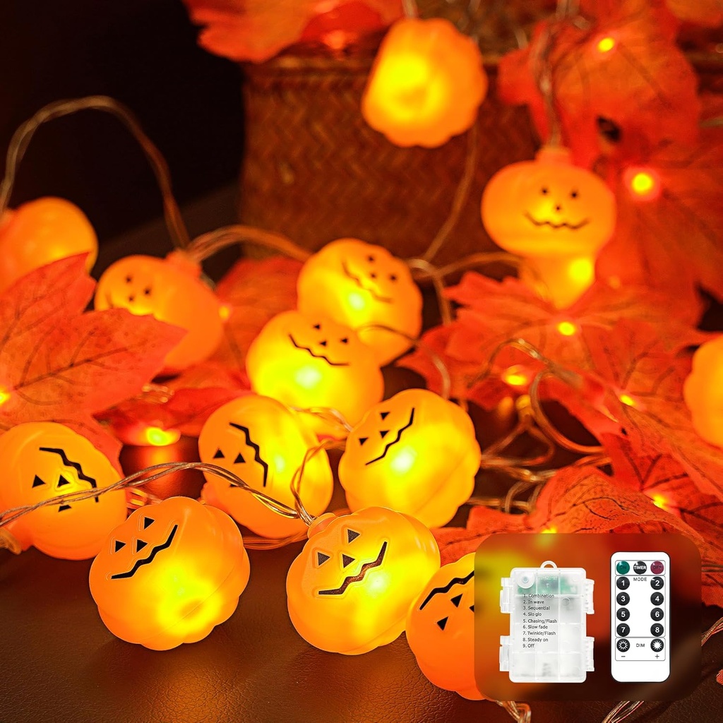JACKYLED Halloween String Lights 30-LED Pumpkin & Maple Leaf Lights 15FT 8 Modes with Remote & Timer IP65 Waterproof Battery-Powered for Indoor & Outdoor Halloween Decorations