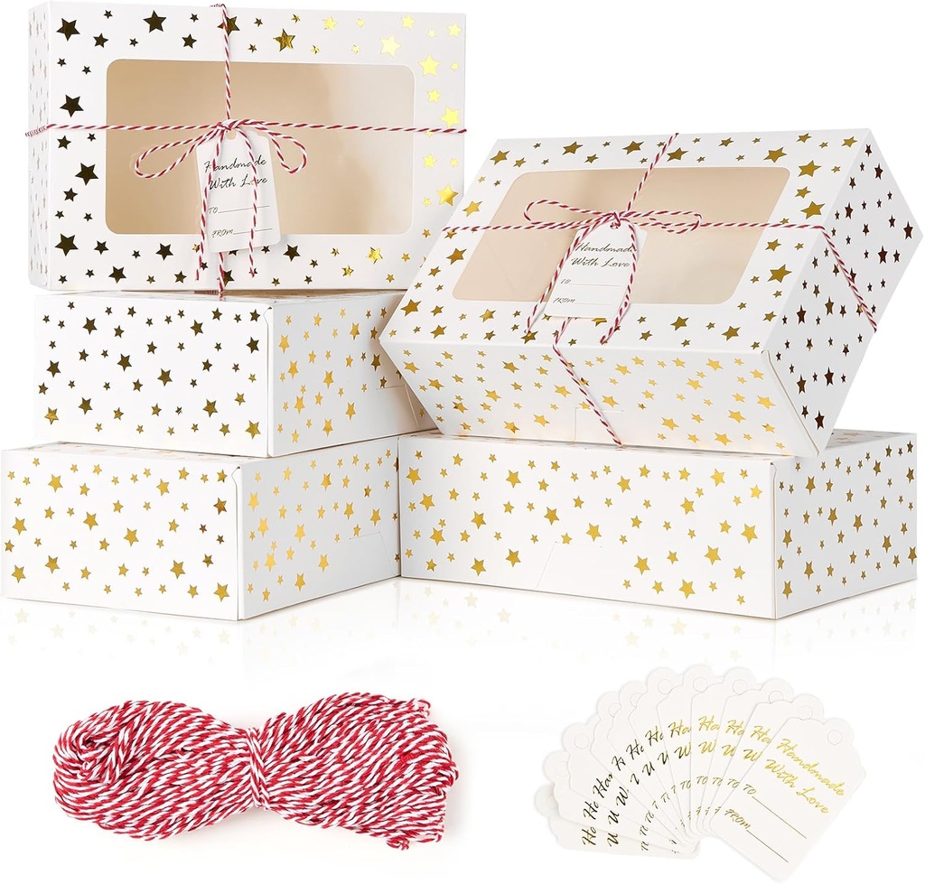 Ocmoiy 12 PCS Christmas Cookie Boxes for Gift Giving, 9x6x3 Inch Golden Star Treat Boxes with Window, Auto-Popup White Bakery Box for Chocolate Covered Strawberries, Dessert, Cupcake, Pastry Packaging