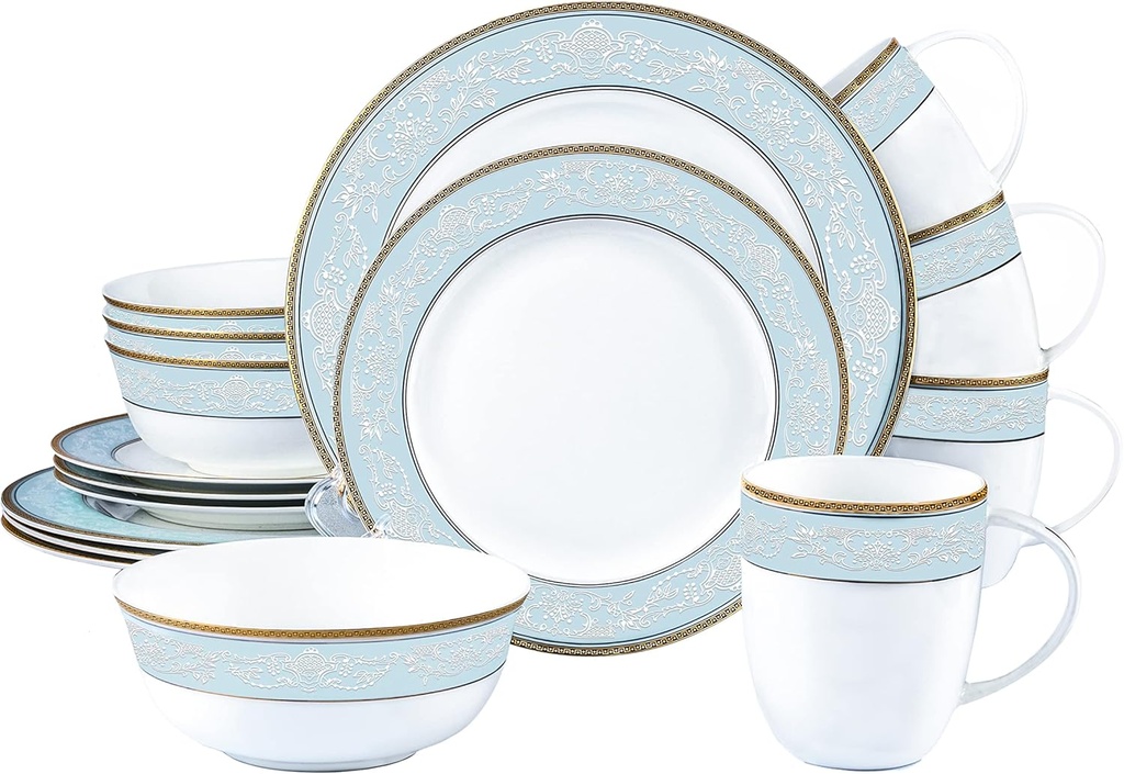 Fine Bone China Dinnerware Set,16 Pcs Classic Relief Pattern Gilt Edged High Grade Porcelain Tableware Sets For 4 People