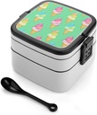 Cute Ice Cream Pattern Stackable Bento Box for Adults Double Layer Lunch Boxes Set with Spoon And Invisible Handle