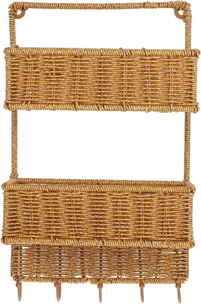 Cabilock Hanging Storage Baskets Woven Hanging Basket Wall Fruit Vegetables Mail Organizer Wall Mount 2-Tier Storage Sorter with 5 Hooks Woven Rack for Home Entryway Kitchen