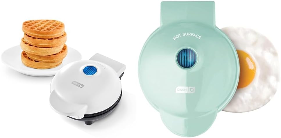 DASH Mini Maker for Individual Waffles, Hash Browns, Keto Chaffles with Easy to Clean, Non-Stick Surfaces, 4 Inch, White & Mini Maker Electric Round Griddle for Individual Pancakes, Cookies
