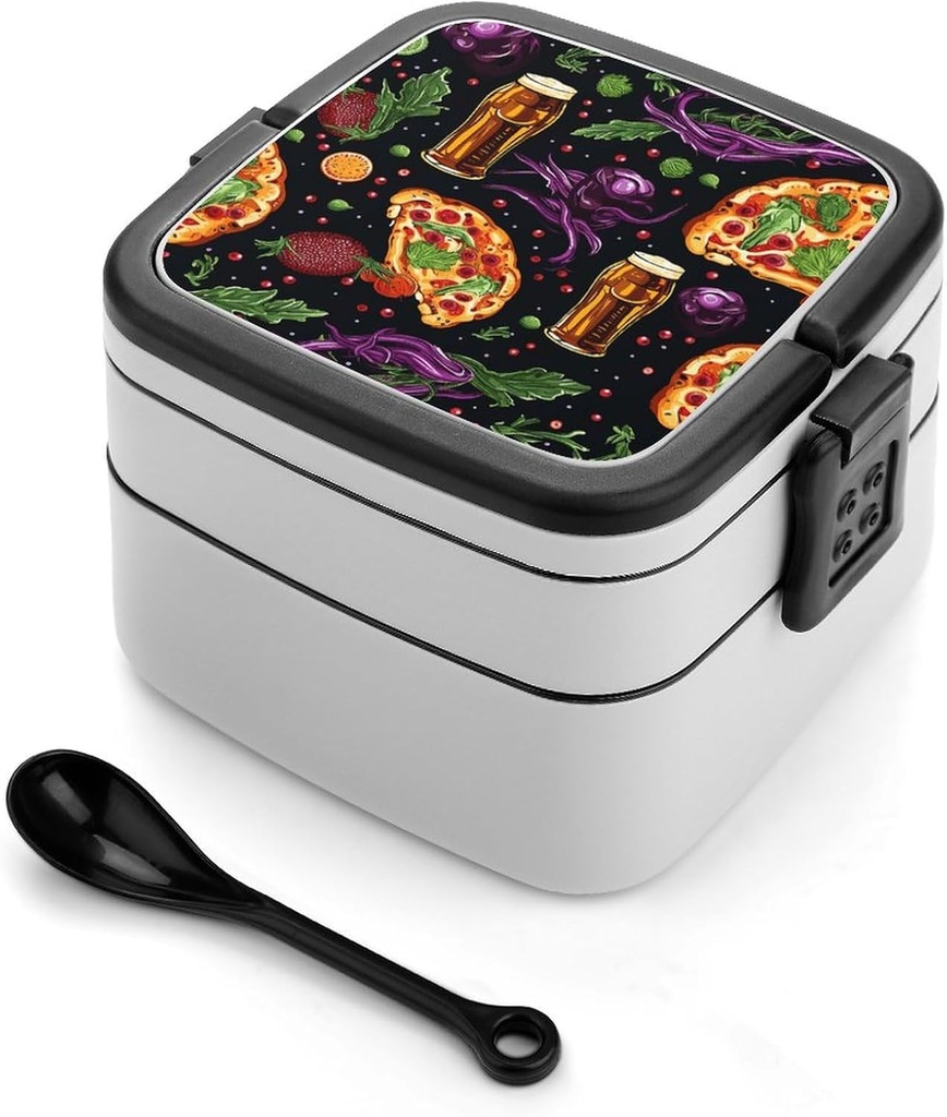 Pizza And Beer Bento Box Adult Lunch Box All-in-One Lunch Containers with Removable Compartments Double Layer Bento Lunch Box with Spoon And Handle Stackable Lunchbox