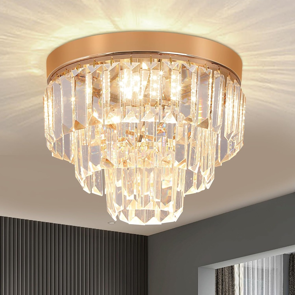 Crystal Flush Mount Ceiling Light 3-Tier Modern K9 Crystal Chandelier Gold Mini Round Hanging Pendant Light Luxury Chandeliers for Living Room Bedroom Dinning Room Hallway