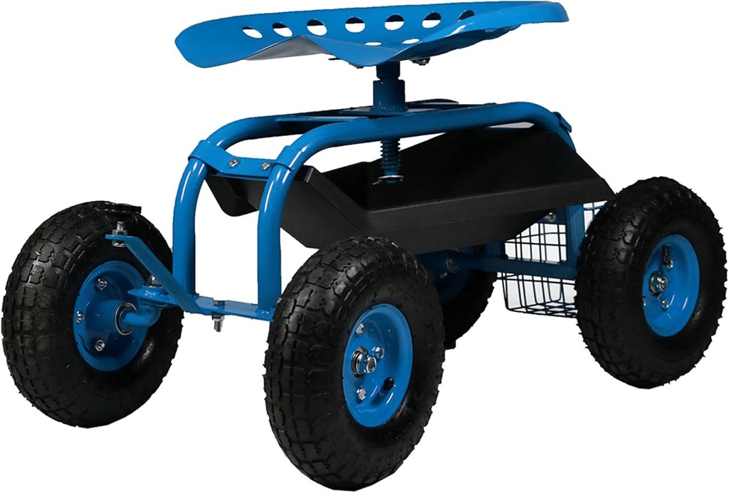 Sunnydaze Rolling Garden Cart with Seat - Garden Stool with Wheels and Adjustable 360-Degree Swivel Seat - Utility Tool Tray and Storage Basket - Blue