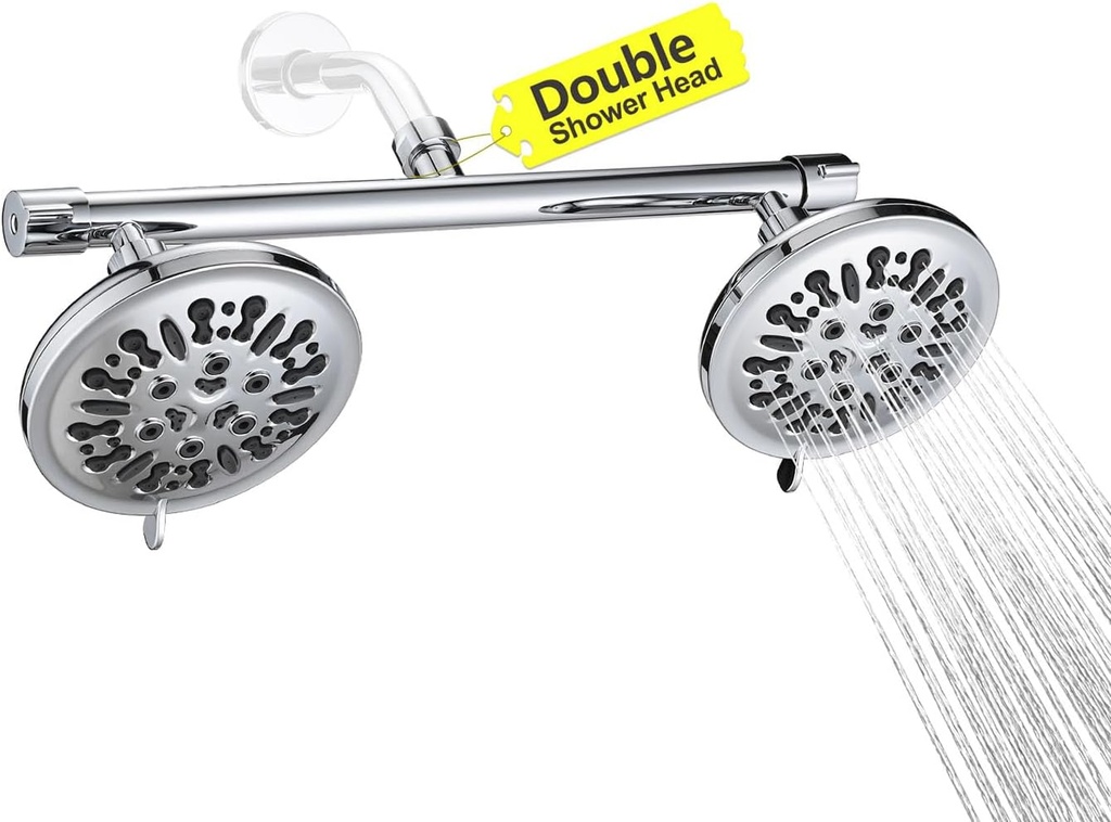 Double Shower Head with Built-in 2 Shut Off Valve Shower Splitter, High Pressure 8 Setting Dual Shower Head, Perfect for Couples in Walk-in Bathroom or Singles in Bathtub Bathroom - Chrome