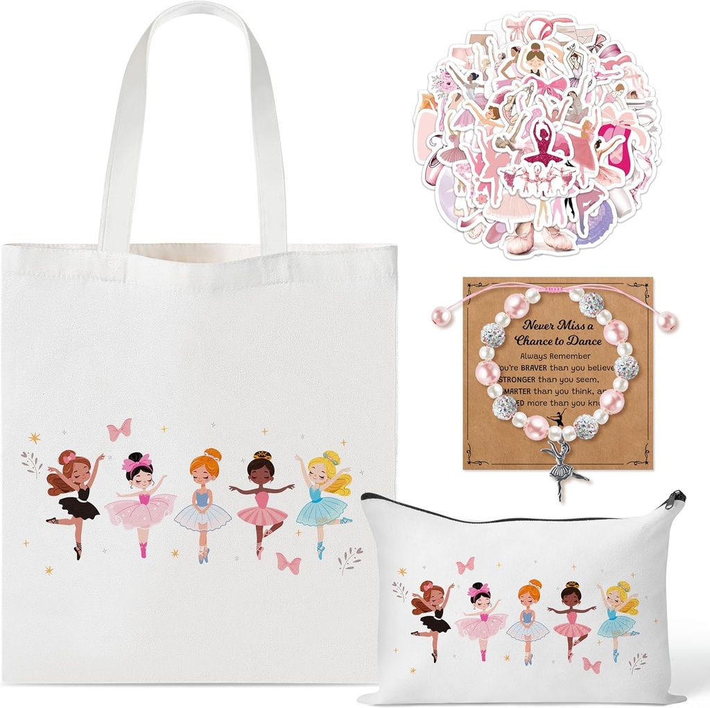 Y1tvei Cute Ballerina Canvas Bags Kit- Ballet Dancing Girl Recital Gifts with Tote bag Makeup Pouch Stickers Bracelet Card