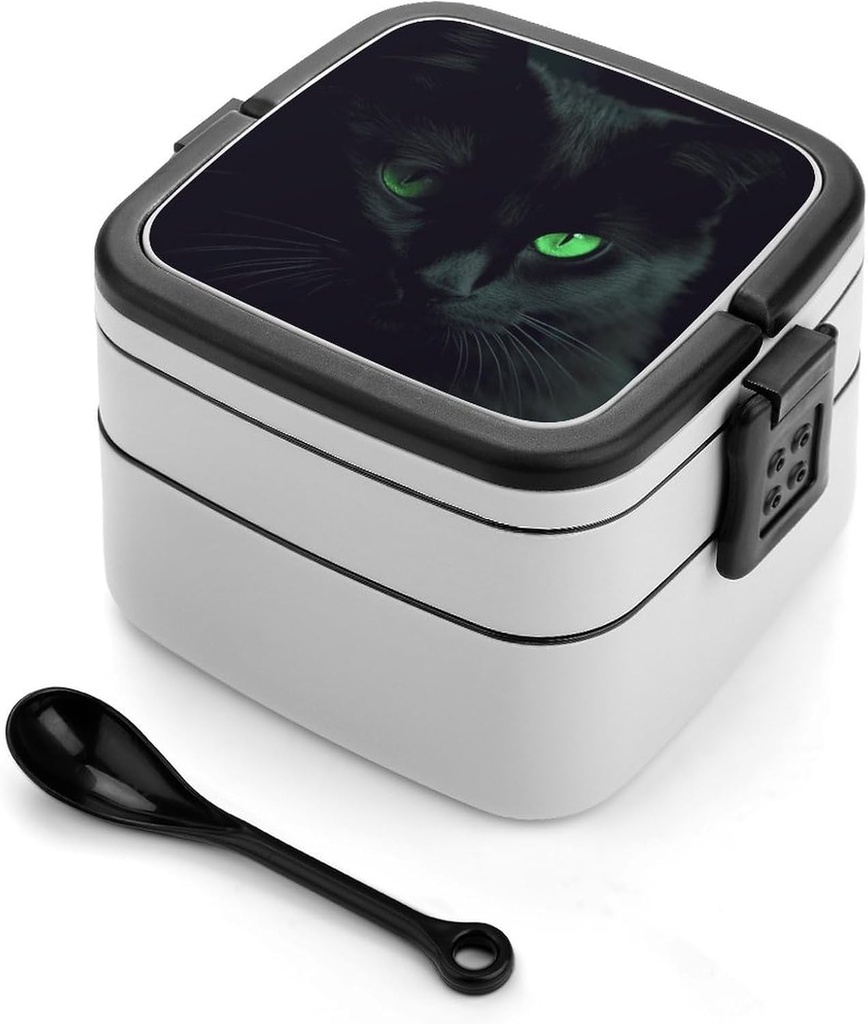 Adult Double-Layer Bento Box Black Cat Green Eyes Portable Lunch Box with Spoon And Invisible Handle Leakproof Microwave-Safe Food Container for Work Travel Camping