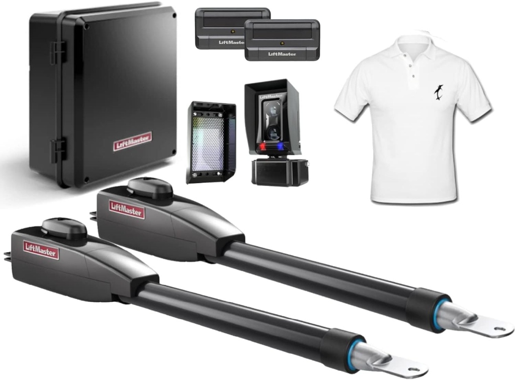 Liftmaster Dual Gate Opener Kit – Electric Swing Gate Opener w/ 2 Remotes, Battery Backup, Receiver, Photocell, Object Sensor and SMFE Installer Shirt - LA400PKGUL Electric Driveway Gate Opener