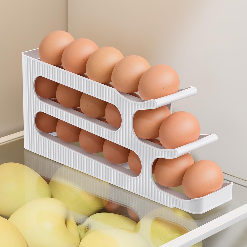 Egg Holder for Fridge, Auto Rolling Egg Roller/Dispenser/Organizer/Storage/Container for Refrigerator, Countertop, Kitchen, Space-saving Egg Tray for 18 Eggs, 3 Tiers, 1 Pack