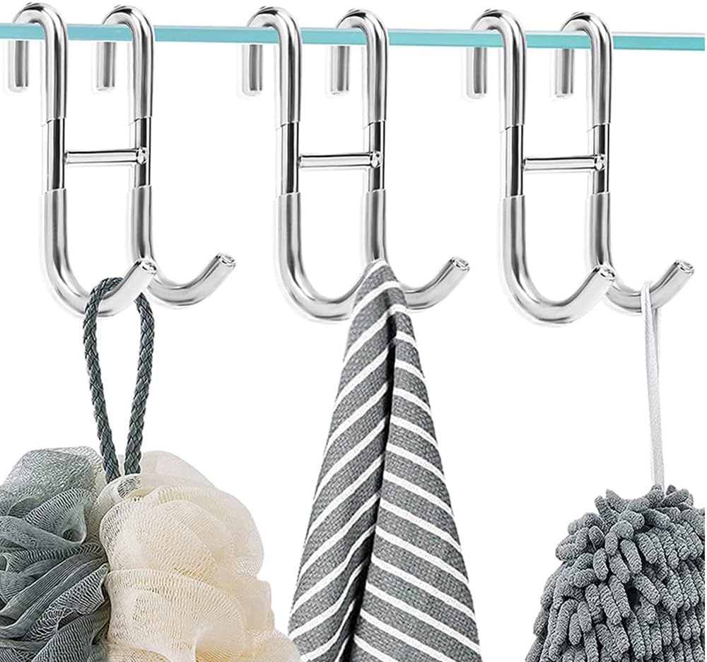 Aothpher Shower Door Hooks SUS 304 Stainless Steel S Hooks Bathroom Frameless Glass Door Hooks for Hanging Coat,Towel,Bathrobe,Squeegee,Loofah (Silver,3-Pack)
