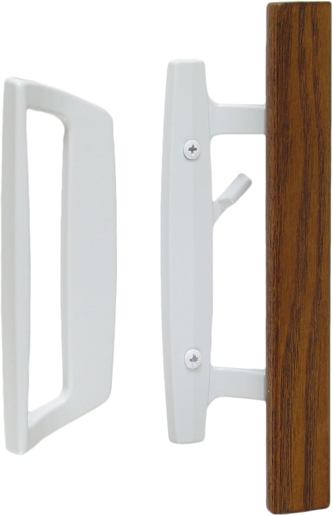 Bali NAI Sliding Glass Door Handle Set with Oak Wood Pull in White Finish, Standard 3-15/16” CTC Screw Holes, 1-3/4” Door Thickness